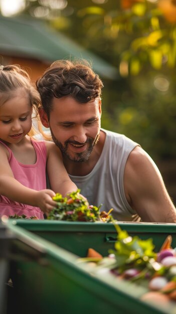 Father Teaching Daughter to Dispose of Food Waste