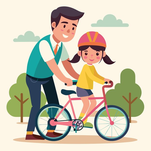 Father teaching his daughter to ride a bicycle in the park