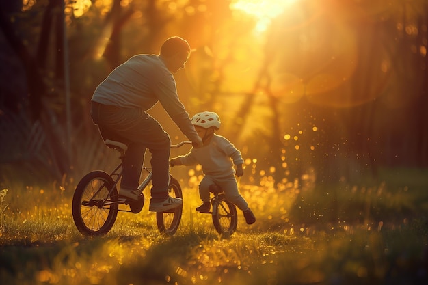 Father Teaching His Son to Ride a Bicycle Outdoors