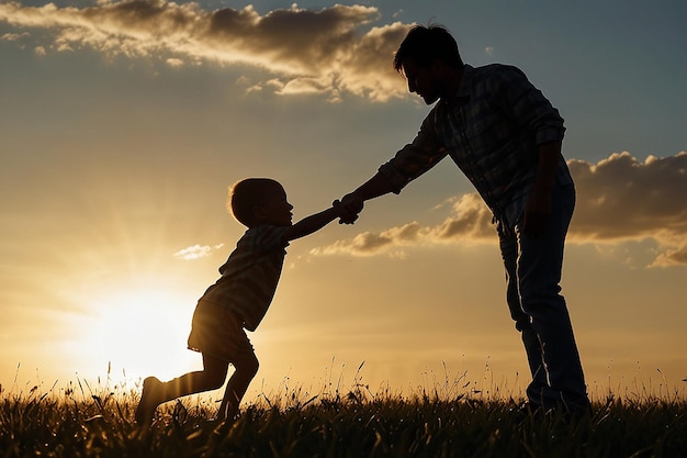 Father throw his son up of the sun silhouette in the park sun