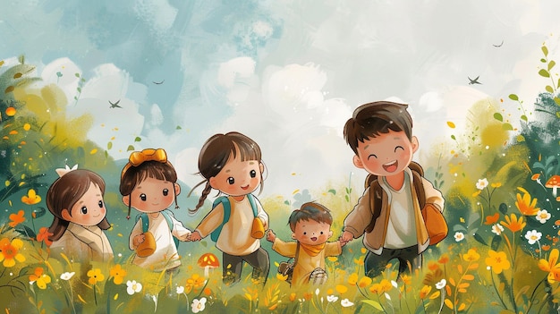 father took the children to participate in outdoor activities cartoon