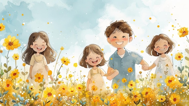 father took the children to participate in outdoor activities cartoon