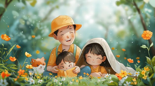 father took the children to participate in outdoor activities cartoon