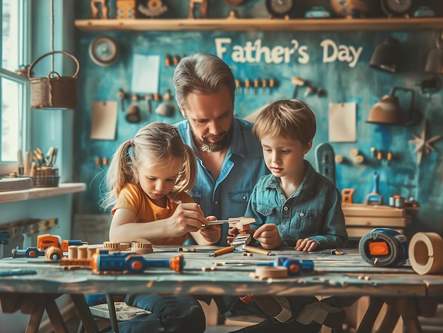 a father and two children playing with a wooden board with the words father day on it