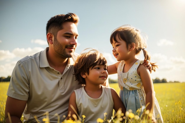 a father and two children pose for a photo in the grass