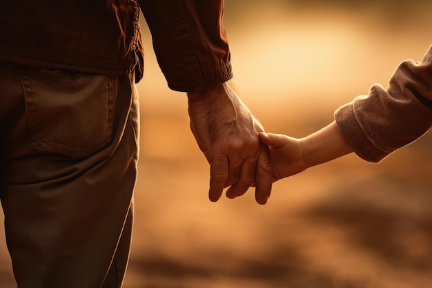 Father walking hand in hand with son at sunset Father's Day celebration image