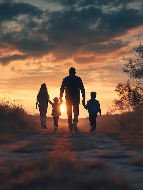 Father Walking with Children at Sunset