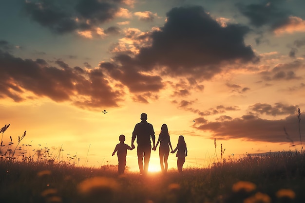 Father Walking with Children at Sunset