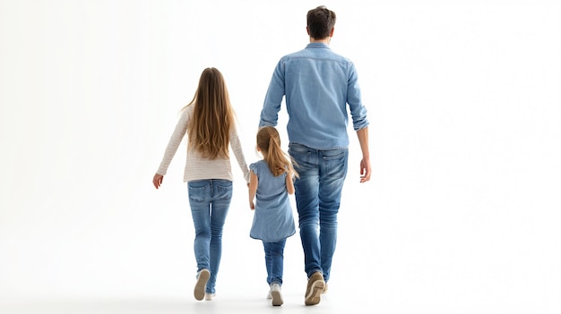 Father Walking with Daughters Isolated on White Background