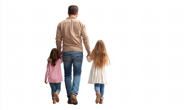 Father Walking with Daughters Isolated on White Background