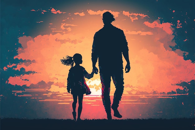 Father with daughter Silhouette of the father carrying his daughter up at sunset Digital art style illustration painting