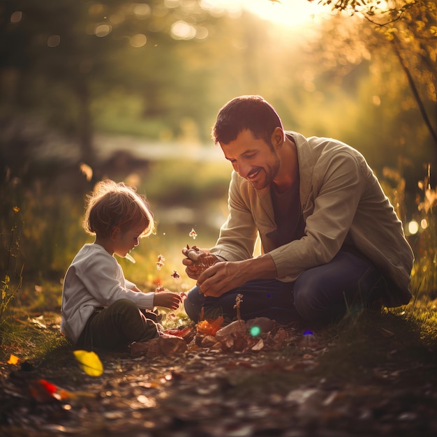 Photo father with his little boy playing with him in a garden