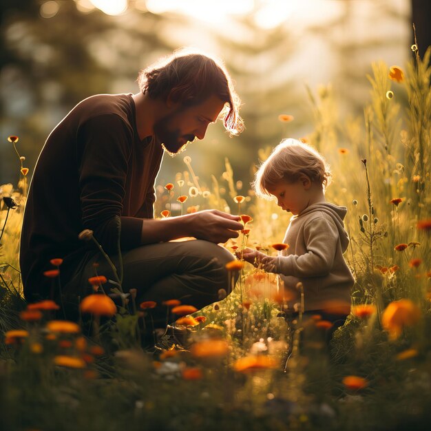 Photo father with his little boy playing with him in a garden