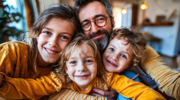 A father with his three children two girls and a boy smiling a