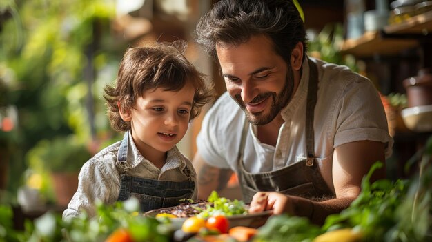 Father with little son grilling outside during family summer garden party