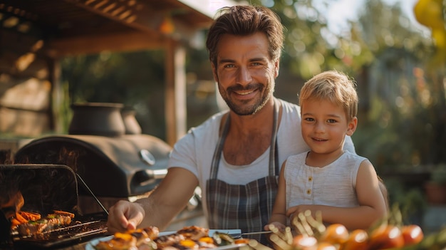 Father with little son grilling outside during family summer garden party