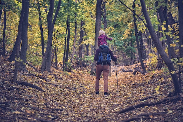 Father with son on his shoulders walking in the autumn forest. Back view