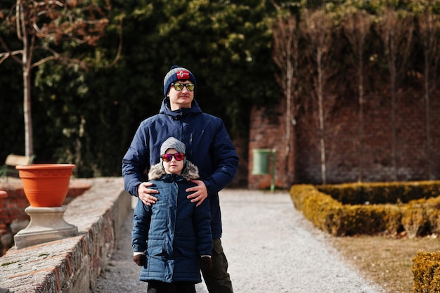 Father with son at historical Mikulov Castle Moravia Czech Republic Old European town