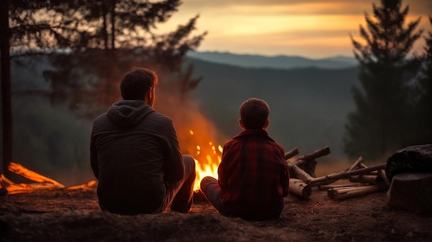 Father with son warm near campfire Camping in the mountains View from the back