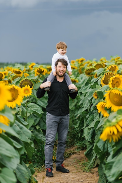 Father with a young son on his shoulders walking and having fun in a field of sunflowers