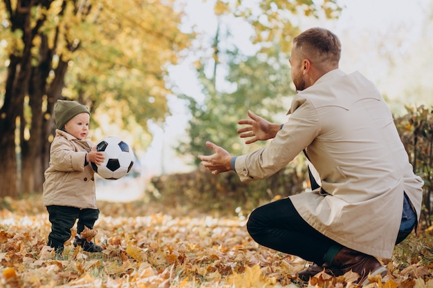 Father woth his little son in autumnal park playing with ball