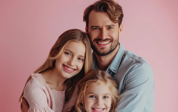 A Father39s Love Embraces His Two Daughters Against A Soft Pink Background