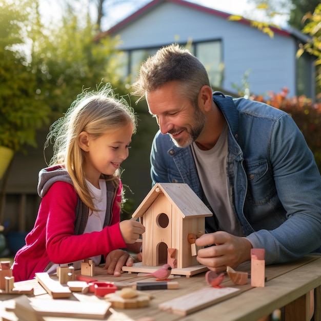 Fatherdaughter bonding time over a creative DIY birdhouse project in the backyard