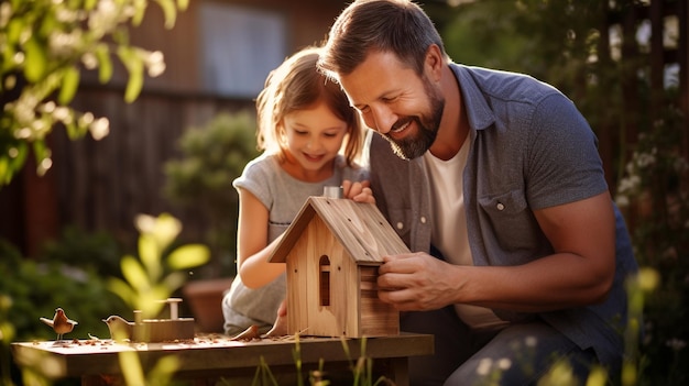 Fatherdaughter bonding time over a creative DIY birdhouse project in the backyard