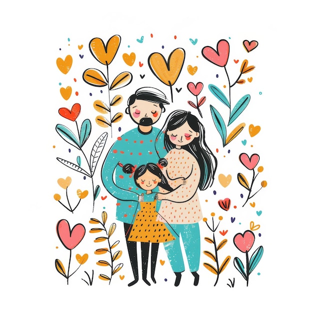 Photo fathers and daughter family hand drawn line art style with colorful hearts shape and floral leaves fathers day cartoon illustration on a white background