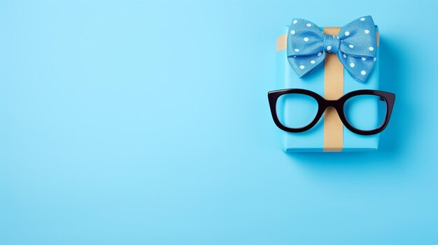 Fathers day blue wrapped gift with paper mustache