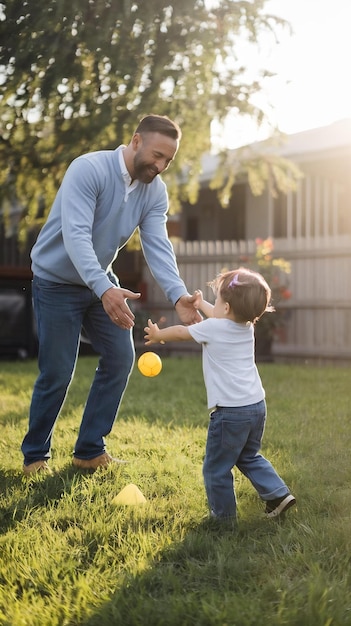 Photo fathers day celebration father and child playing catch in the backyard afternoon on generated