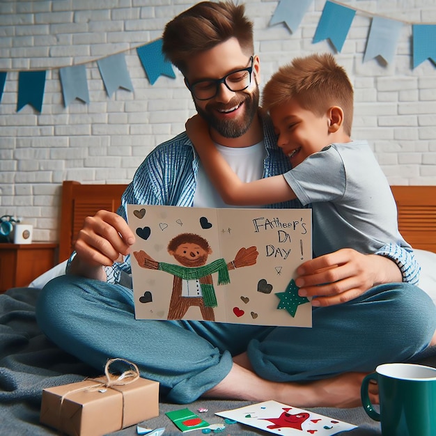 Photo fathers day celebration father receiving a homemade card and a big hug from his child generated ai