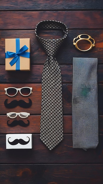 Fathers day concept gift box tie and funny moustache over wooden background top view flat lay