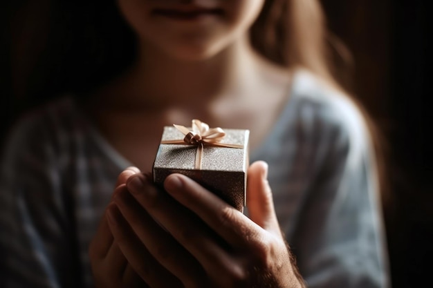 Fathers day gift Little girl offering a present closeup view