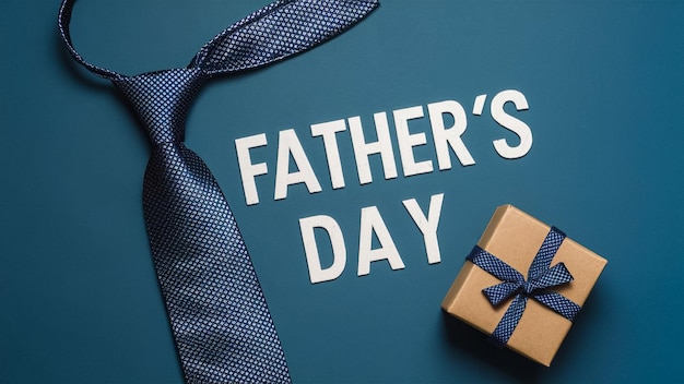 Fathers Day greeting card or banner Blue gift box and a tie on white background Vector illustratio