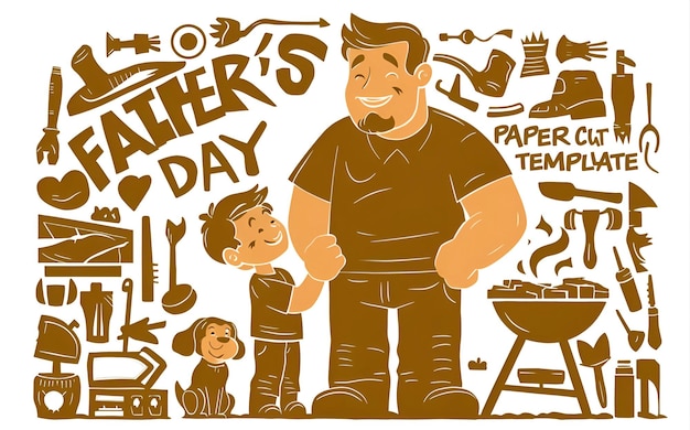 Fathers Day papercut card of dad and son template