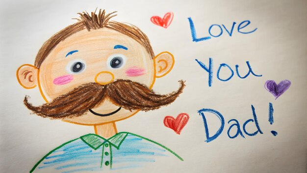 Photo fathers day tribute adorable kids drawing of moustache dad with heartfelt note banner poster