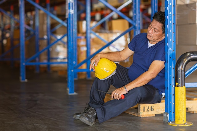 Fatigue senior adult worker napping sleep at work exhausted warehouse industry employee sleeping tired from hard working