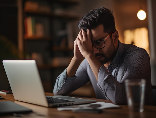 A fatigued drained young businessman from Eastern India sits in his contemporary home office massa