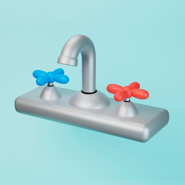 Faucet in shiny chrome with hot and cold water valves 3d illustration