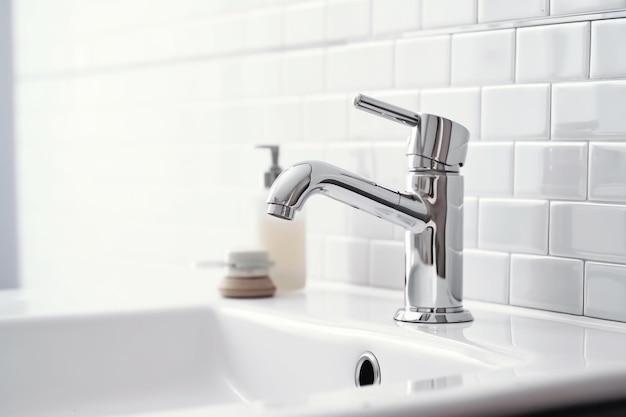 Faucet and sink in a white bathroom close up