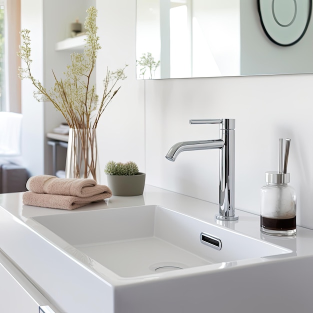 Faucet and sink in a white modern bathroom close up