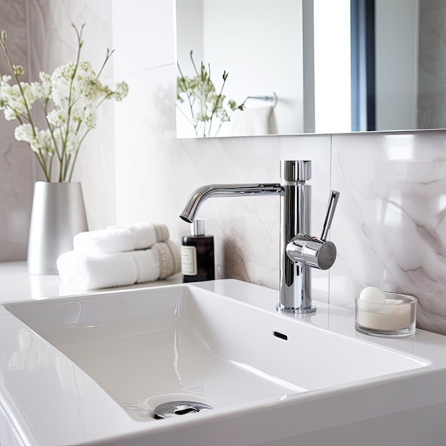 Faucet and sink in a white modern bathroom close up