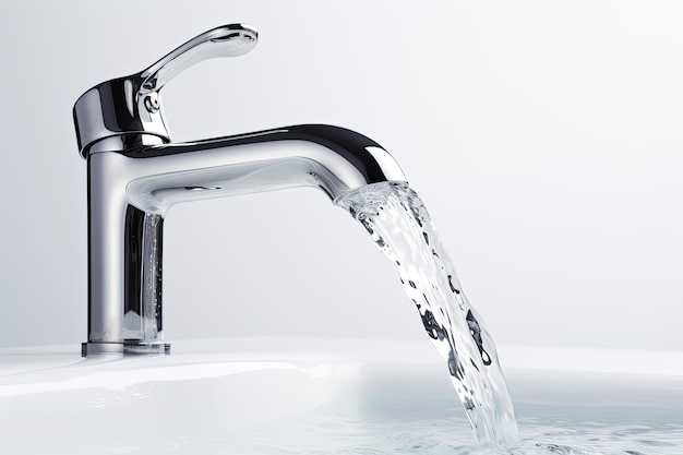 Faucet and water flow on white background