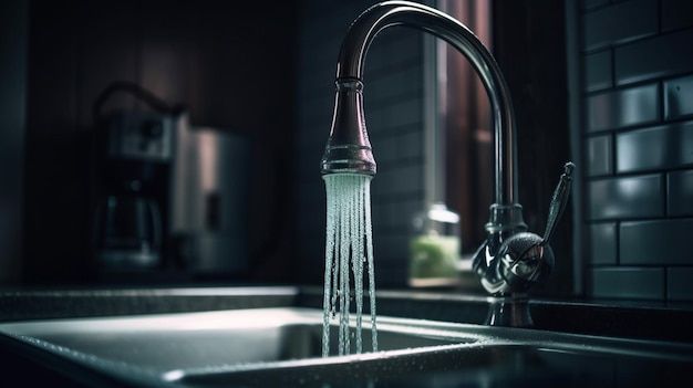 Faucet with running water on the countertop in the kitchengenerative ai