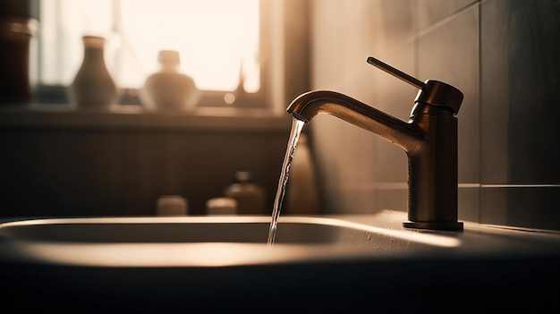 A faucet with water running from it to the right of a window.