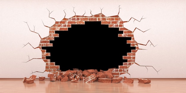 Fault in a brick wall with stucco, 3d illustration