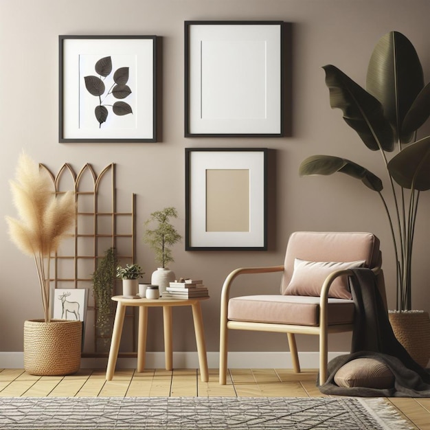 Faux Frame Poster in Modern Interior with Armchair and Accessories