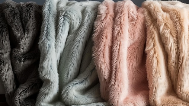 Faux fur throw blankets in pastel hues AI generated