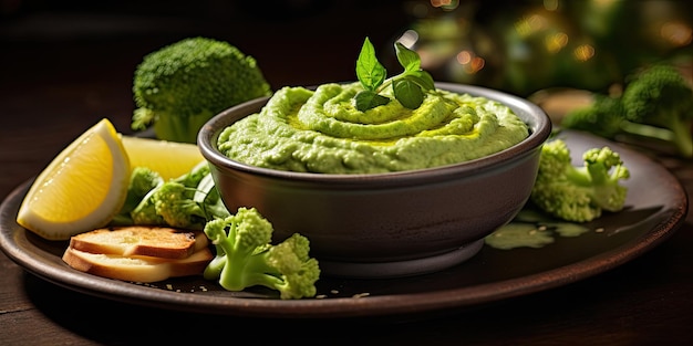 Fava Split Pea Puree in a Mediterranean setting Creamy Dip Fresh Ingredients Fava Presentat